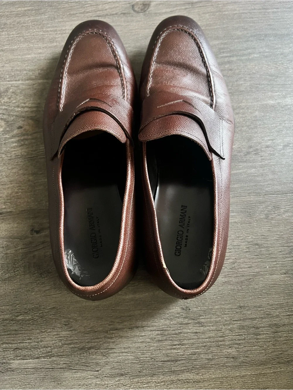 Giorgio Armani men’s penny loafers brown textured calf leather made in Italy